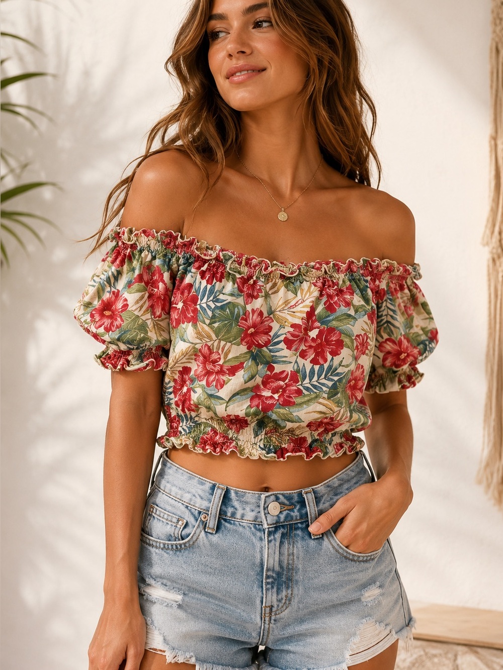 American Eagle Floral Smocked Off Shoulder Crop Top Boho Cottagecore